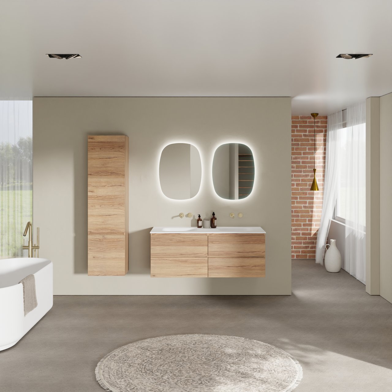 Balmani Lucida meuble salle de bains suspendu 135 x 55 cm teck avec Tablo Arcato double vasque en solid surface blanc mat