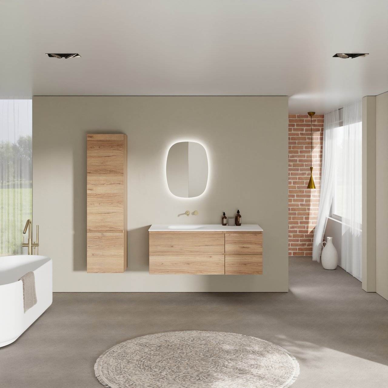 Balmani Lucida hängendes Möbelstück Set: 135 x 55 cm, Teak, mit Tablo Arcato Waschtisch links, Solid Surface Weiß matt