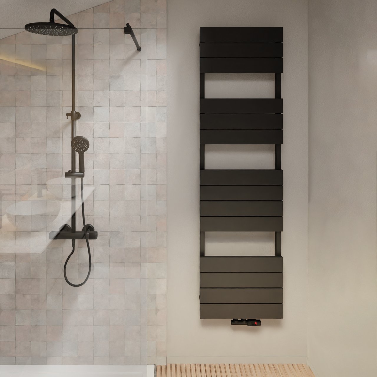 Vipera Teide enkele handdoekradiator 50 x 180 cm zowel elektrisch als cv mogelijk mat zwart zij- en middenaansluiting 1017W