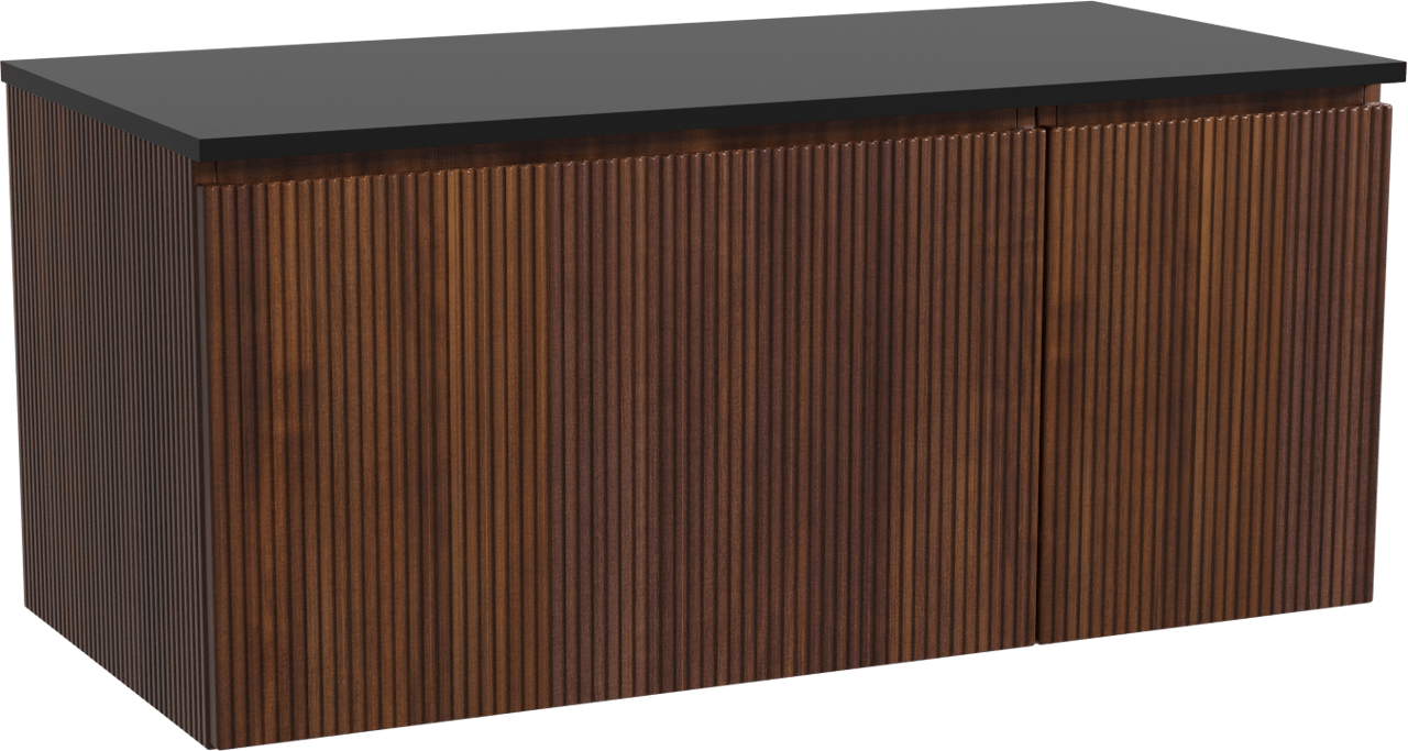 Storke Ribs zwevend badmeubel 110 x 52 cm notenhout met Panton enkel wastafelblad in gepoedercoate mdf mat zwart, Verticale symmetrische rechte ribbel