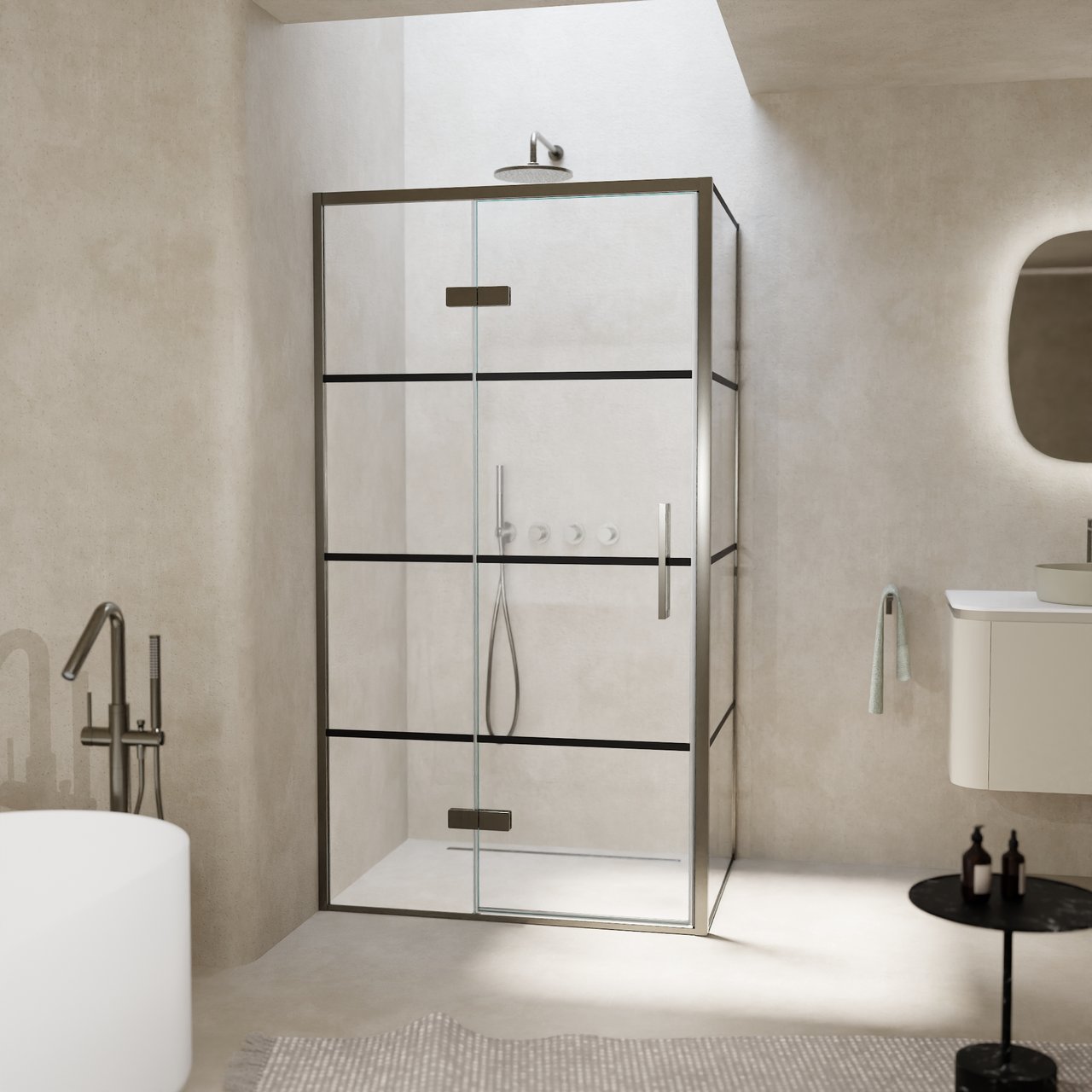 Balmani Senses Design douchecabine met linkse draaideur en vaste zijwand, 100 x 100 cm, Lined, Brushed GunMetal profielen, met coating