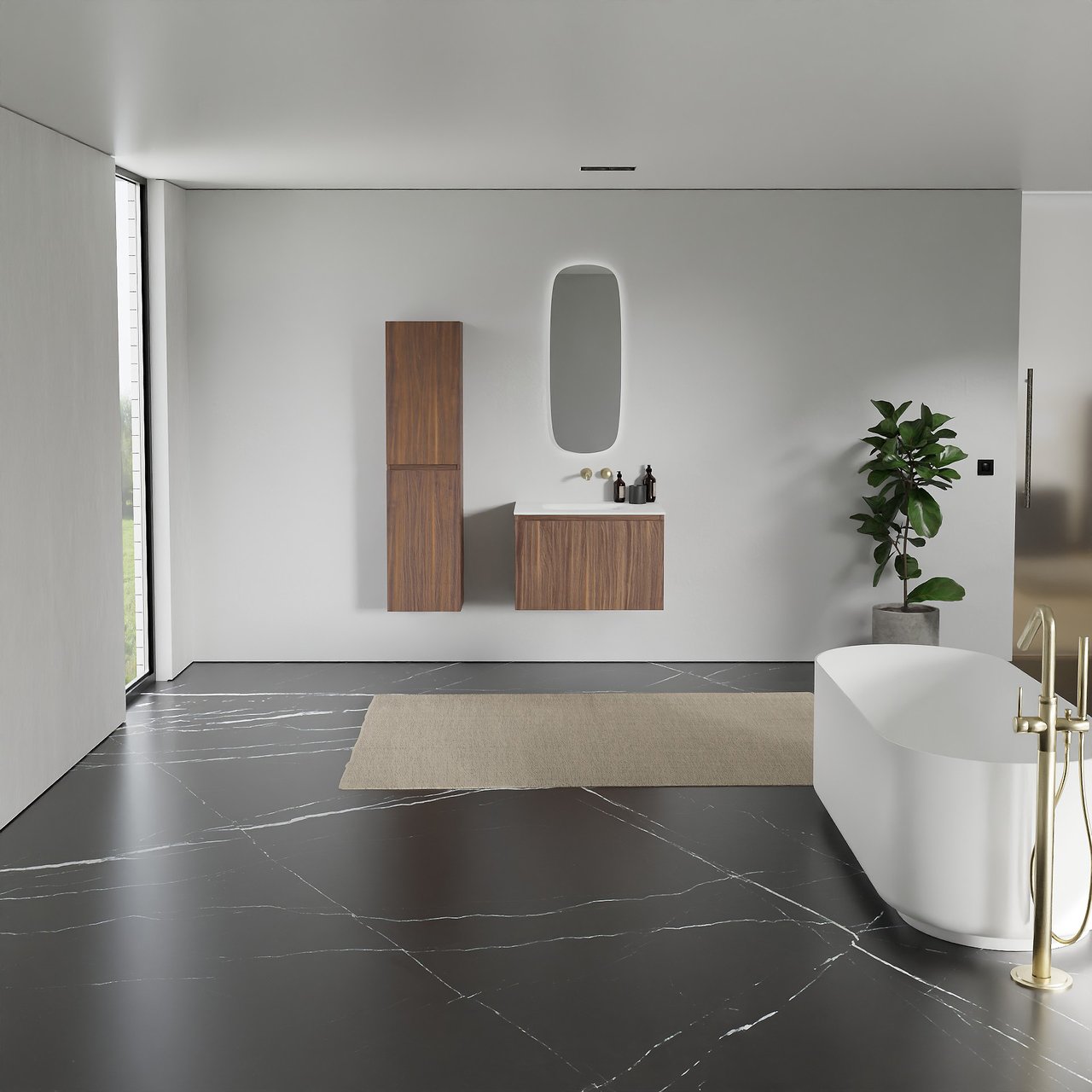 Balmani Sfera meuble salle de bains suspendu 75 x 55 cm noyer américain avec Tablo Arcato plan simple en solid surface blanc mat