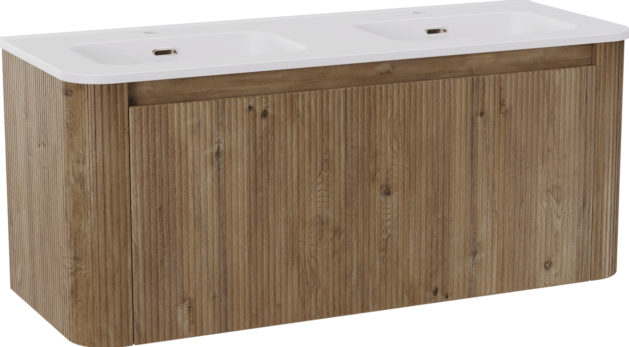 Storke Soft meuble salle de bains suspendu 120 x 46 cm chêne brut avec Kera Soft double vasque en porcelaine blanc mat, Nervure droite symétrique verticale