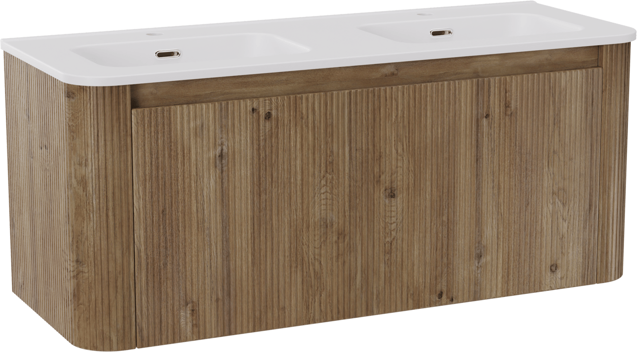 Storke Soft hängendes Möbelstück Set: 120 x 46 cm, Eiche rau, mit Kera Soft Doppelwaschtischplatte Keramik Weiβ matt, Vertikale symmetrische gerade Rippe