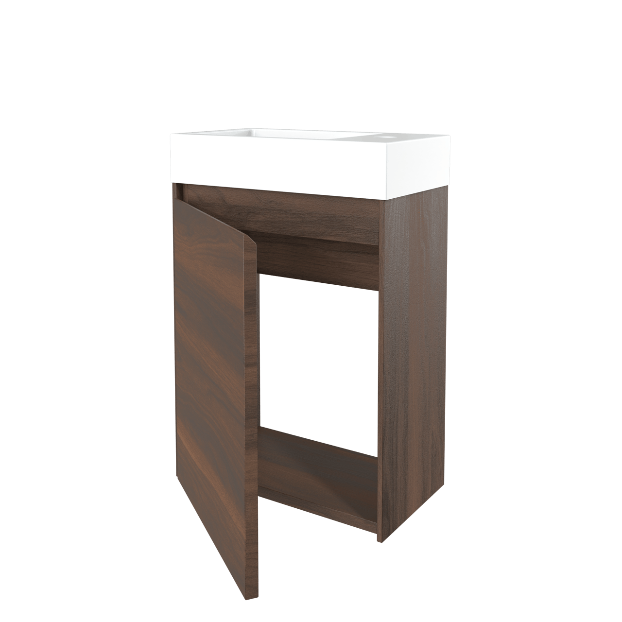 Storke Edge hängendes Badmöbel Set (Gäste WC): 40 x 22 cm, Nussbaum, Vida Waschtisch, Marmorkomposit, glänzend