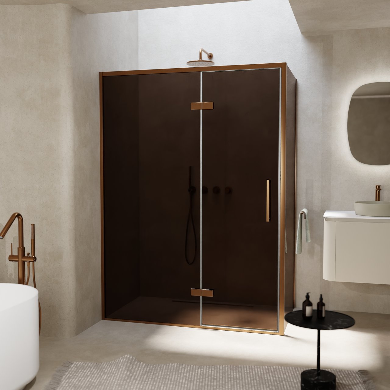 Balmani Senses Design douchehoek met linkse draaideur en vaste zijwand, 140 x 80 cm, Brons, Brushed Rosegold profielen, met coating