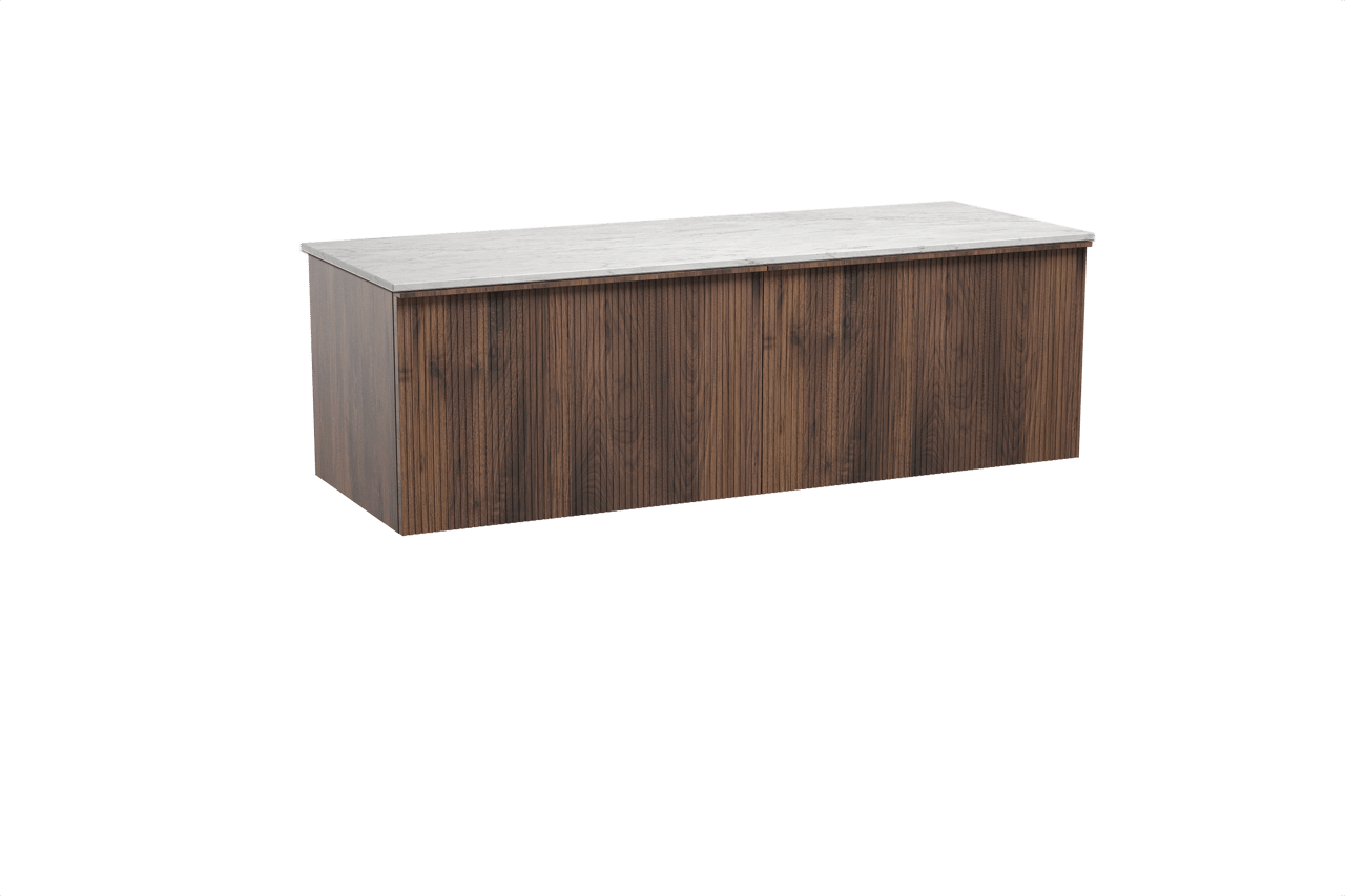 Balmani Forma meuble salle de bains suspendu 150 x 55 cm noyer américain avec Stretto tablette simple ou double en marbre carrara, Nervure droite symétrique verticale