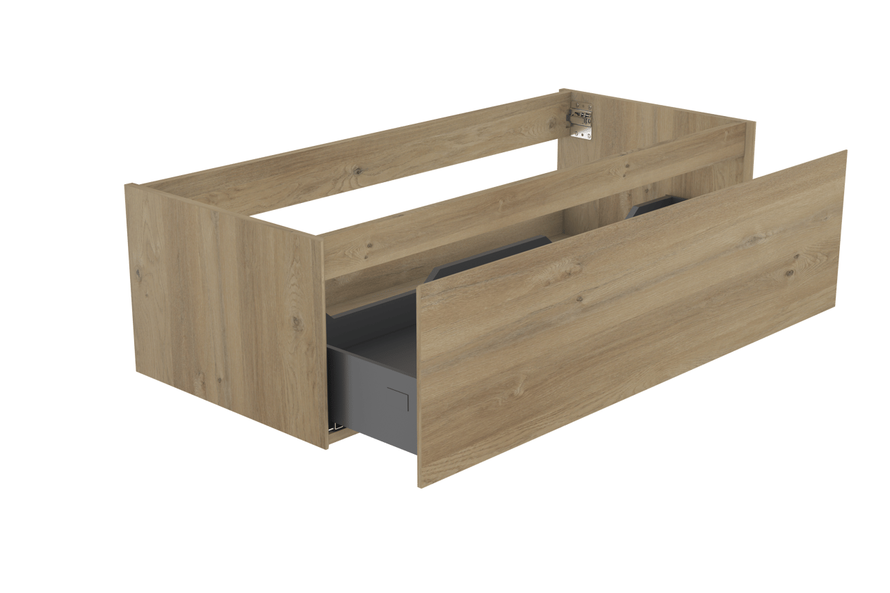 Storke Edge hängender Waschbeckenunterschrank: 120 x 52 cm, Eiche rustikal, 1 Schublade, 2 Siphonaussparungen