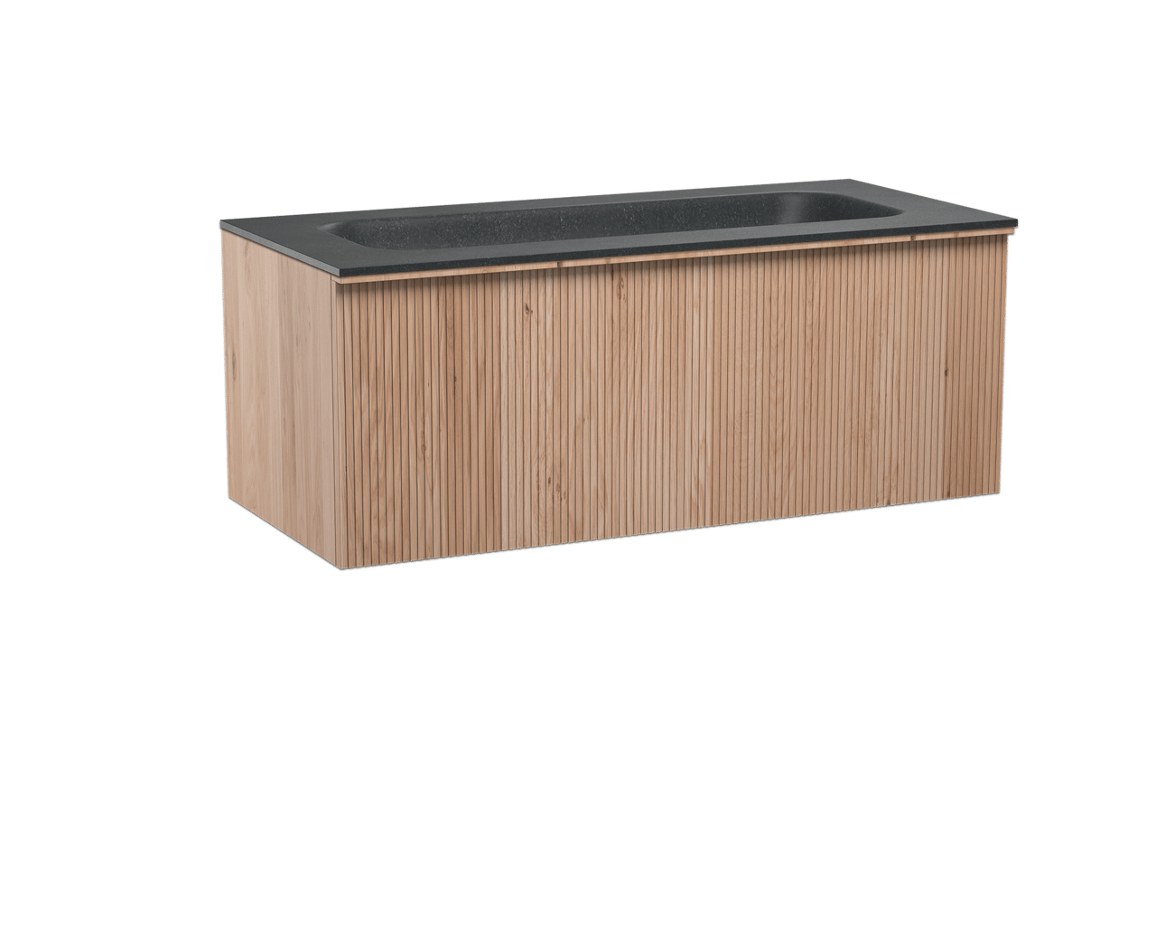 Balmani Forma zwevend badkamermeubel 120 x 55 cm natuur eik met Tablo Arcato enkele wastafel voor 2 kraangaten in graniet zwart, Verticale symmetrische rechte ribbel