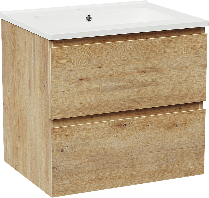 Linie Lado zwevend badmeubel 60 x 46 cm naturel eiken met Vano enkele wastafel in composietmarmer mat wit