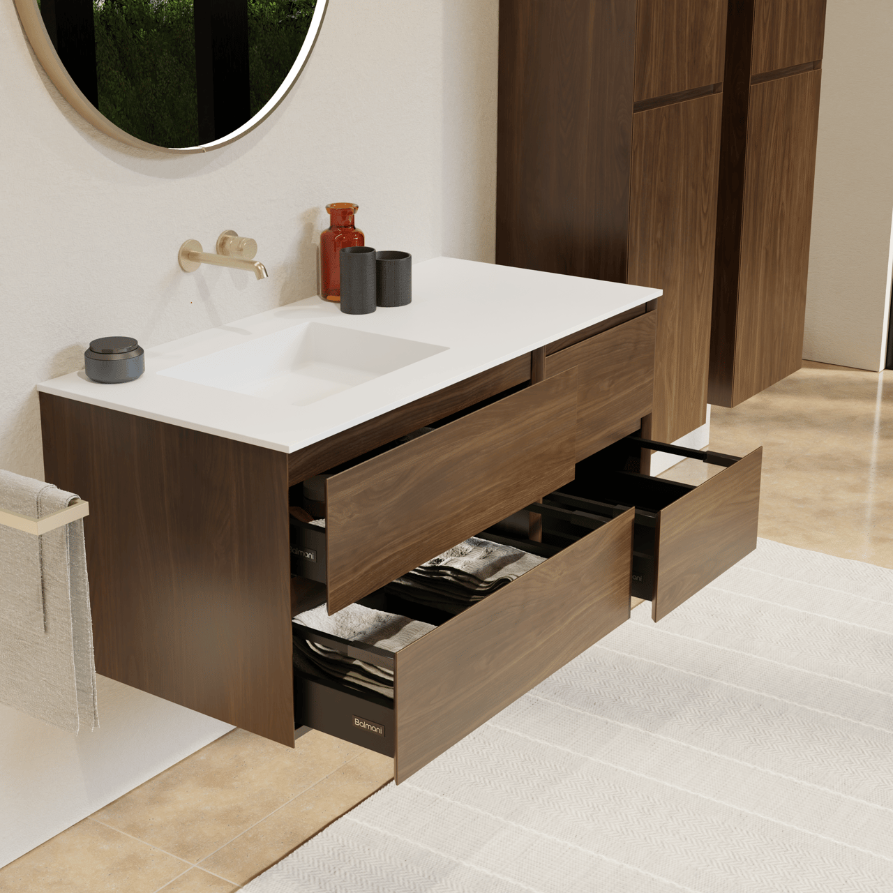 Balmani Mitra hängendes Möbelstück Set: 120 x 55 cm, Amerikanischer Nussbaum, mit Tablo Stretto Waschtisch links, Solid Surface Weiß matt