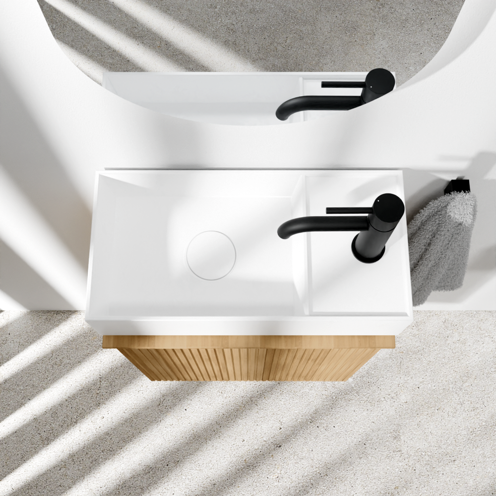 Balmani Forma hängendes WC-Möbel-Set, 42 x 21 cm, Eiche Natur, mit Loop Waschtisch in mattem Solid Surface