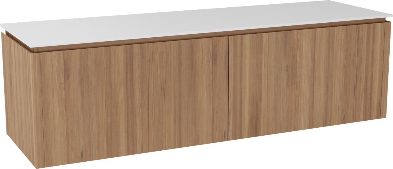 Balmani Eclips zwevend badkamermeubel 180 x 55 cm Teak met Stretto enkel of dubbel tablet in Solid Surface mat wit