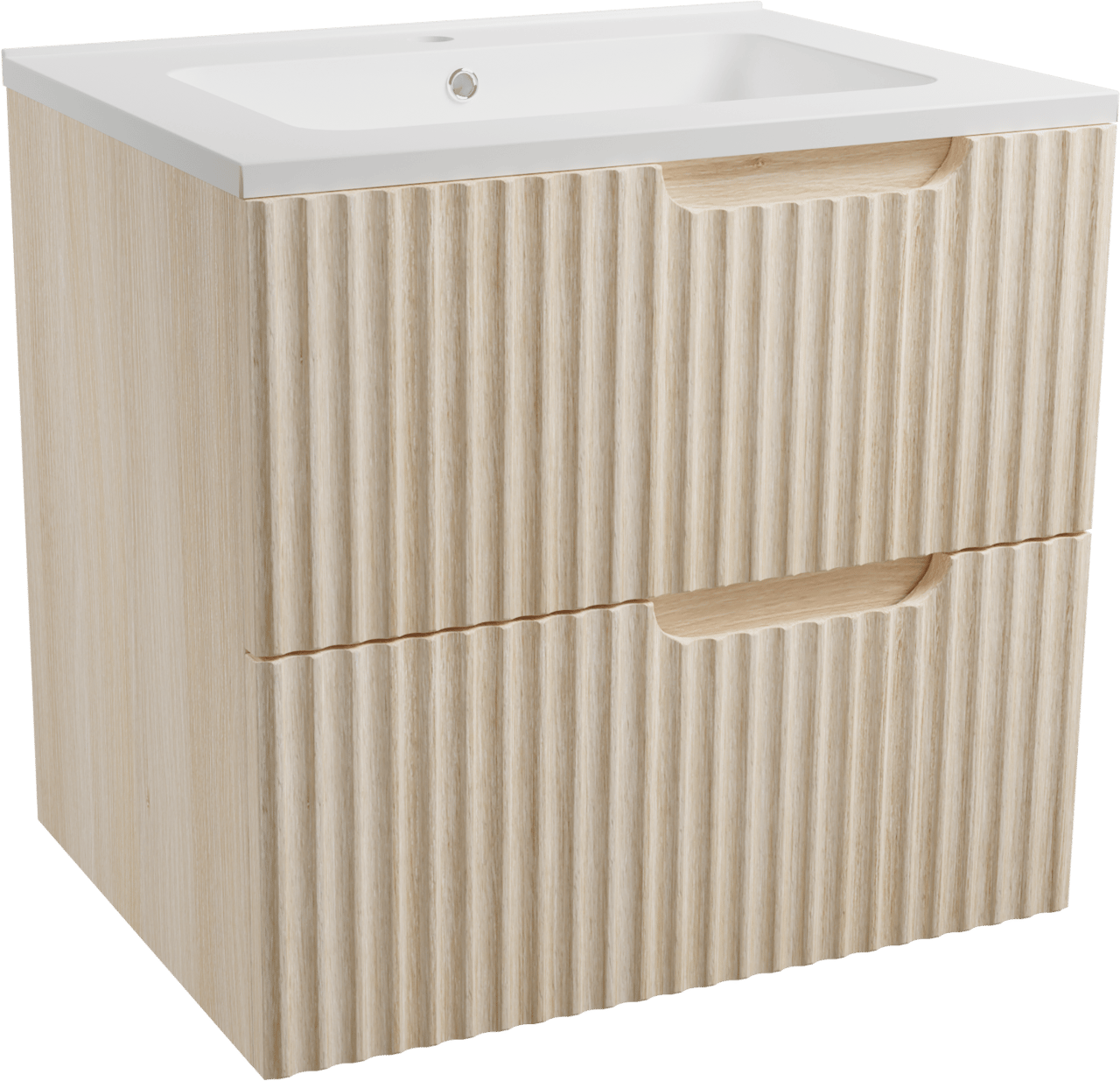 Linie Ribbo hängendes Möbelstück Set: 60 x 46 cm, Helle Eiche, mit Vano Einzelwaschtisch, Marmorkomposit, Weiß matt, Vertikale symmetrische runde Rippe
