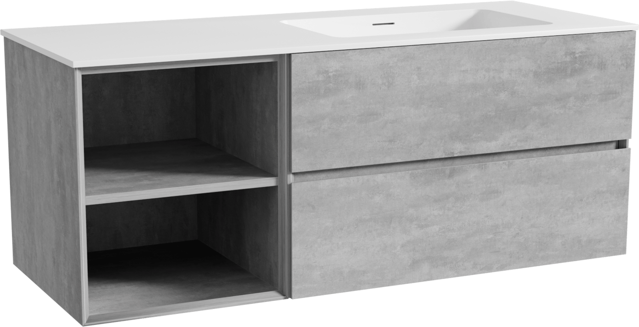 Storke Edge zwevend badmeubel 130 x 52 cm beton donkergrijs met Mata asymmetrisch rechtse wastafel in solid surface mat wit