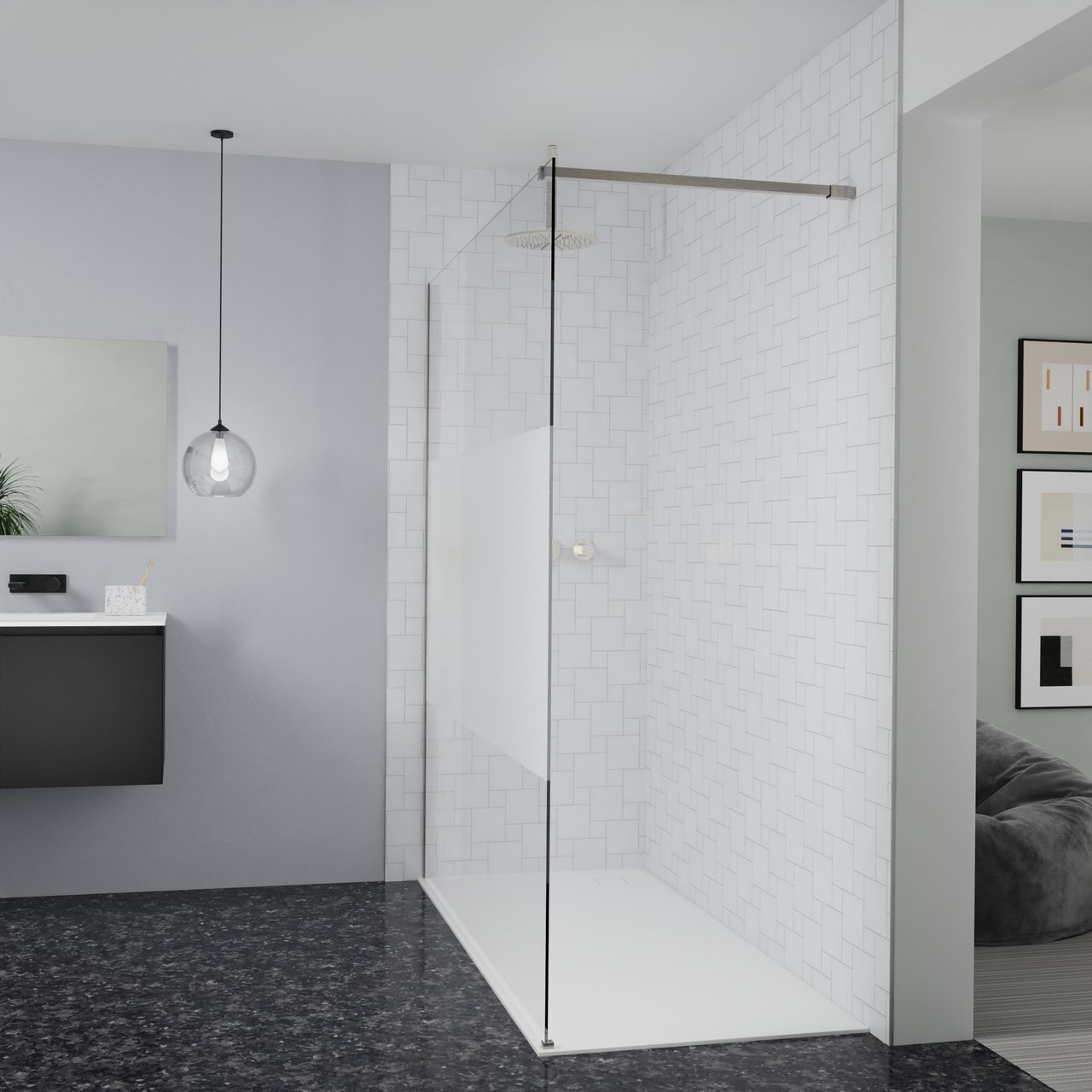 Balmani Modular douche à l'italienne: 180 x 200 cm, Verre transparent avec bande matte, Profil Brushed CoolMetal