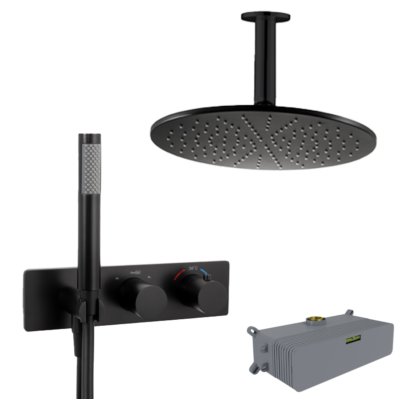 Blaufoss Dreambox Round thermostatische inbouw regendoucheset met ronde wand regendouchekop 30 cm Mat Zwart