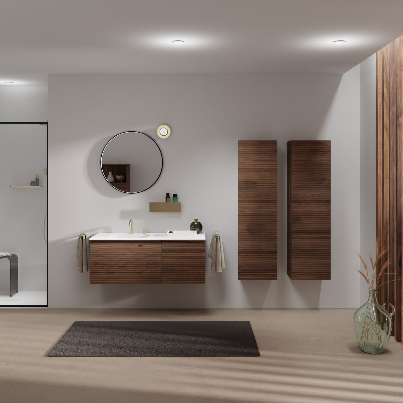 Balmani Forma hängendes Möbelstück Set: 120 x 55 cm, Amerikanischer Nussbaum, mit Tablo Arcato Waschtisch links, Solid Surface, Weiß matt, Horizontale symmetrische gerade Rippe