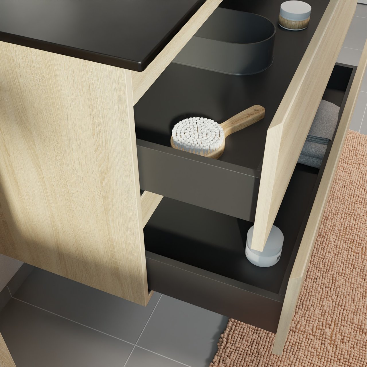 Linie Lado hängendes Möbelstück Set: 80 x 46 cm, Weiße Eiche, mit Baro Einzelwaschtisch, Porzellan Schwarz matt