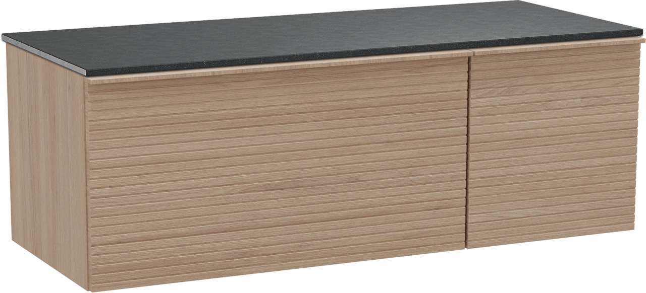 Balmani Forma zwevend badkamermeubel 135 x 55 cm natuur eik met Stretto enkel of dubbel tablet in graniet zwart, Horizontale symmetrische rechte ribbel