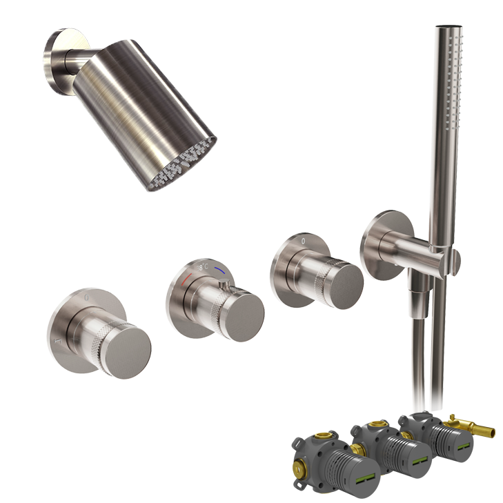 Blaufoss Pavilion Duschsystem: Unterputz, inkl. Thermostat-Duscharmatur, inkl. Duschkopf, 14 x 9 cm, Brushed CoolMetal