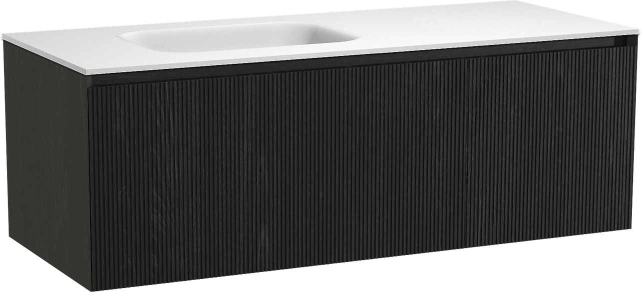 Balmani Fila hängendes Möbelstück Set: 135 x 55 cm, Schwarze Eiche, mit Tablo Arcato Waschtisch links, Solid Surface, Weiß matt, Vertikale symmetrische gerade Rippe