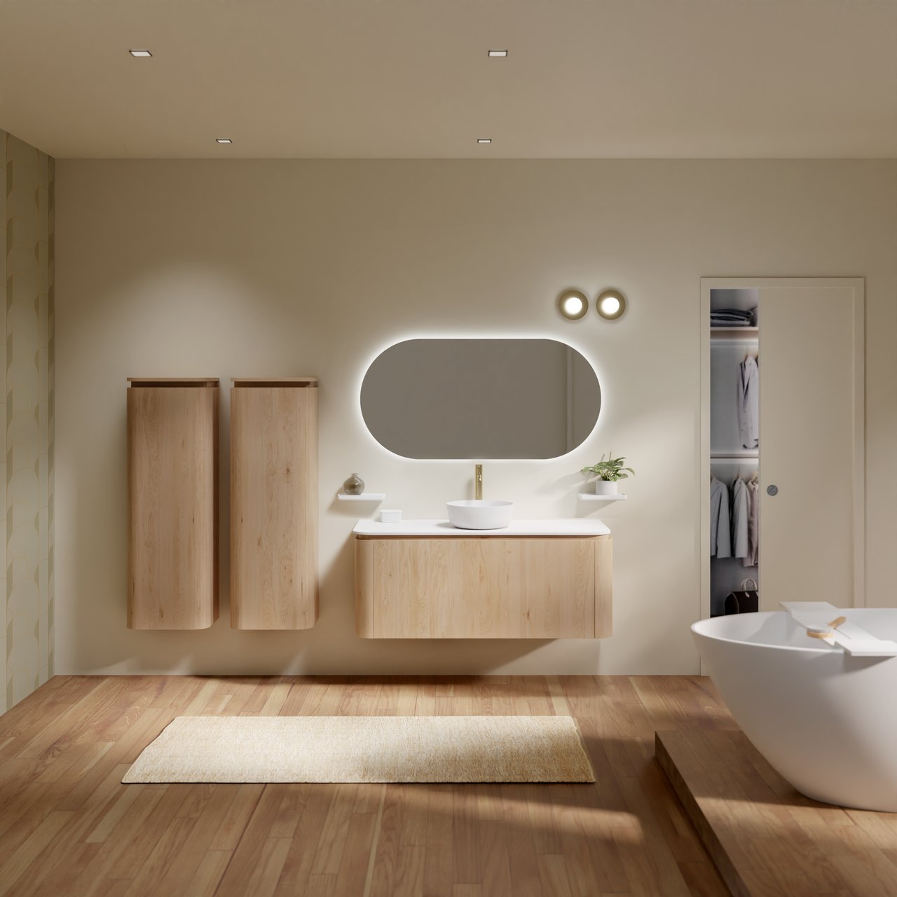 Balmani Moon hängendes Möbelstück Set: 130 x 55 cm, Naturbelassene Eiche, mit Moon Einzel- oder Doppel Waschtischplatte, Solid Surface Weiß matt