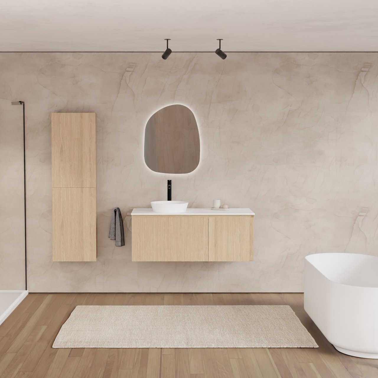 Balmani Fila hängendes Möbelstück Set: 120 x 55 cm, Naturbelassene Eiche, mit Stretto Einzel- oder Doppel Waschtischplatte, Solid Surface, Weiß matt, Vertikale symmetrische gerade Rippe