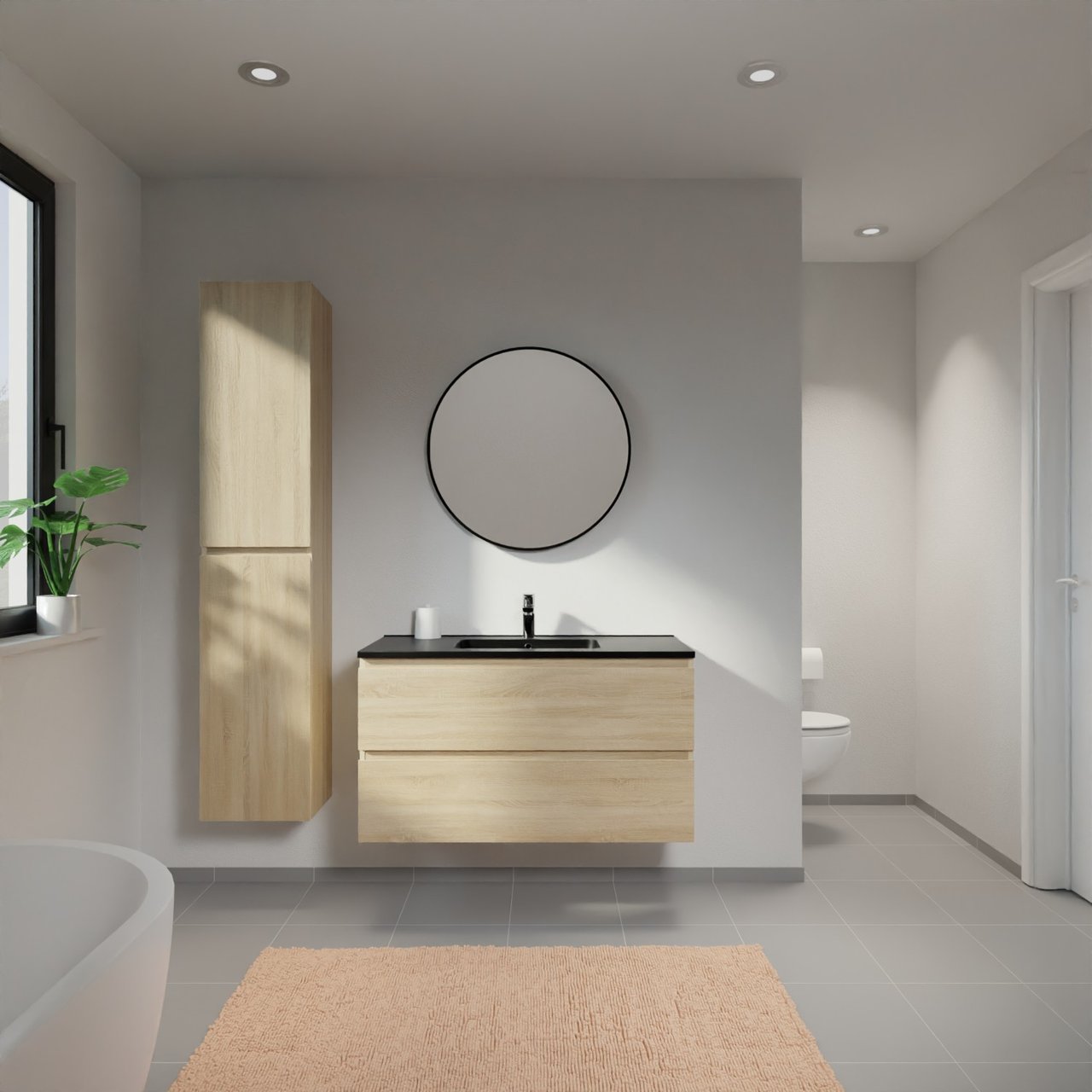 Linie Lado zwevend badmeubel 100 x 46 cm wit eiken met Vano enkele wastafel in composietmarmer mat zwart