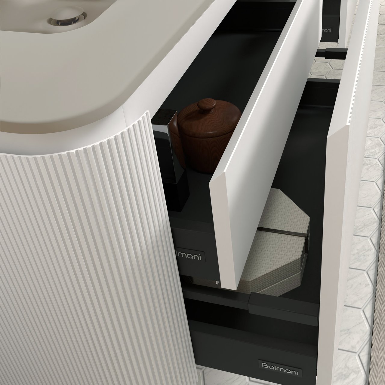 Balmani Moon meuble salle de bains suspendu 130 x 55 cm blanc mat avec Moon plan simple en top solid soie grise, Nervure droite symétrique verticale