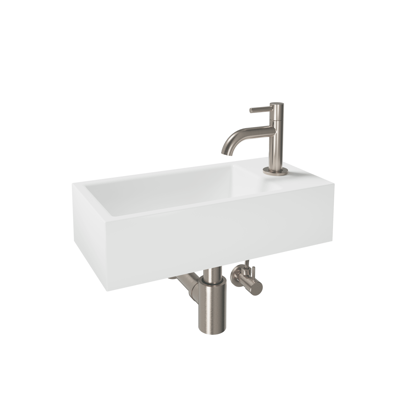 Luca Varess Cubic midi handenwasser glanzend wit Porselein rechts 40,5 x 20cm inclusief brushed coolmetal kraan en toebehoren