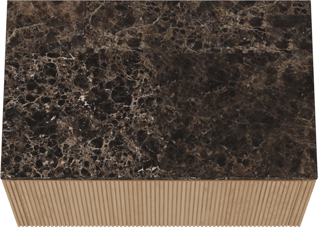 Balmani Eclips meuble salle de bains suspendu 90 x 55 cm Chêne naturelle avec Stretto tablette simple en Dark Emperador marbre, Nervure droite symétrique verticale