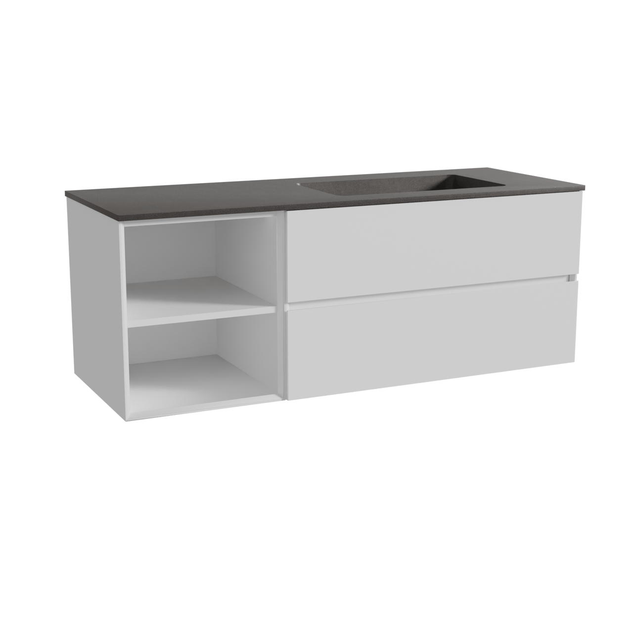 Storke Edge meuble salle de bains suspendu 140 x 52 cm blanc mat avec Scuro plan vasque asymétrique à droite en quartz noir mat