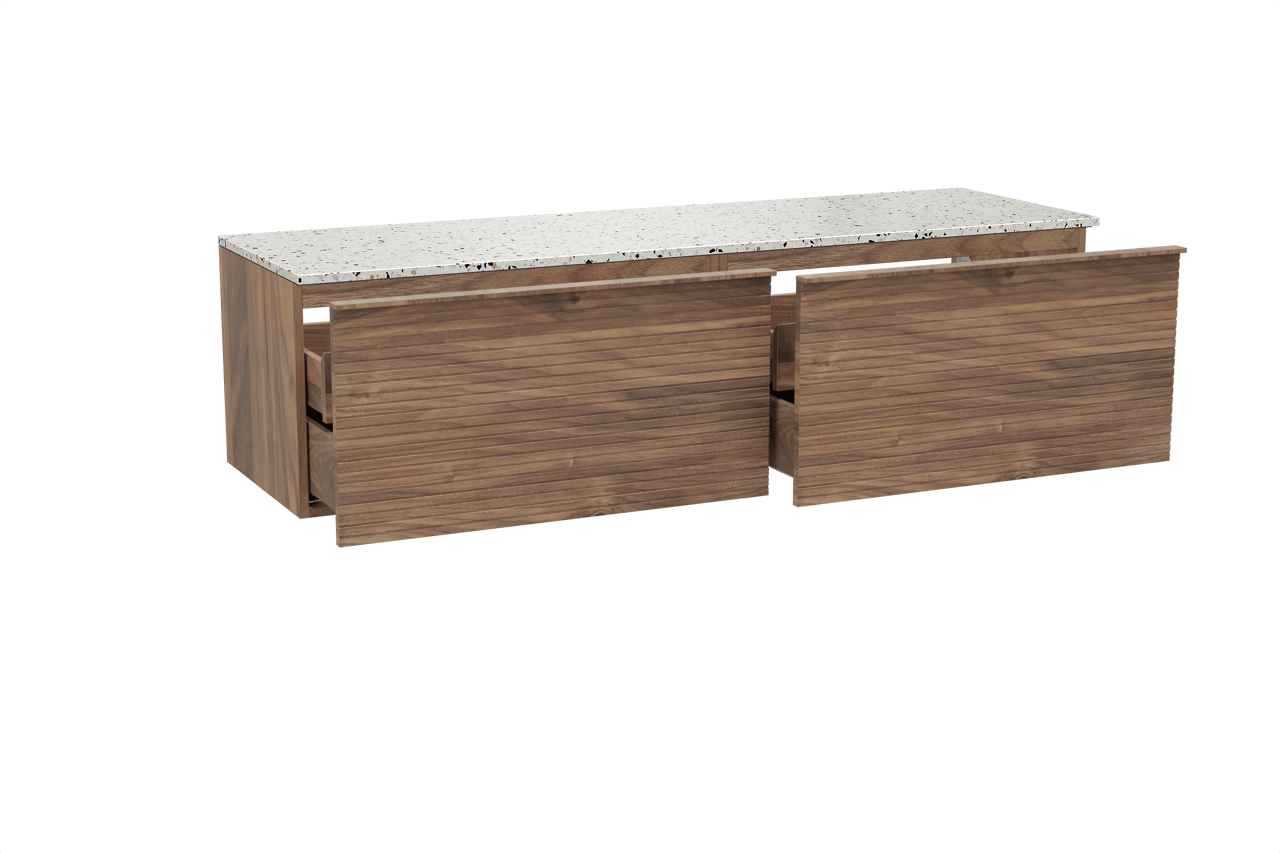 Balmani Forma zwevend badkamermeubel 180 x 55 cm amerikaanse notelaar met Stretto enkel of dubbel tablet in mat wit/zwart terrazzo, Horizontale symmetrische rechte ribbel