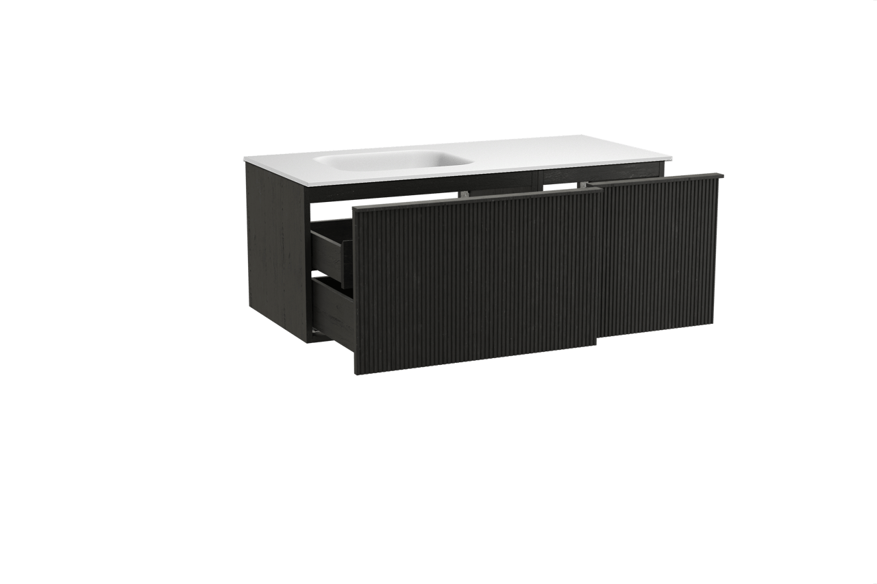 Balmani Forma hängendes Möbelstück Set: 120 x 55 cm, Schwarze Eiche, mit Tablo Arcato Waschtisch links, Solid Surface, Weiß matt, Vertikale symmetrische gerade Rippe