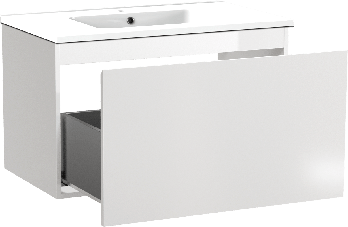 Linie Lado zwevend badmeubel 80 x 46 cm hoogglans wit met Vano enkele wastafel in composietmarmer hoogglans wit