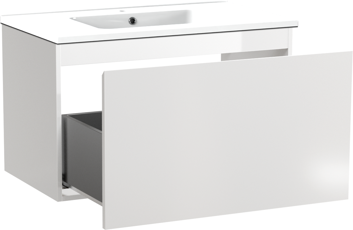 Linie Lado meuble salle de bains suspendu 80 x 46 cm blanc brillant avec Vano plan simple en marbre composite blanc brillant