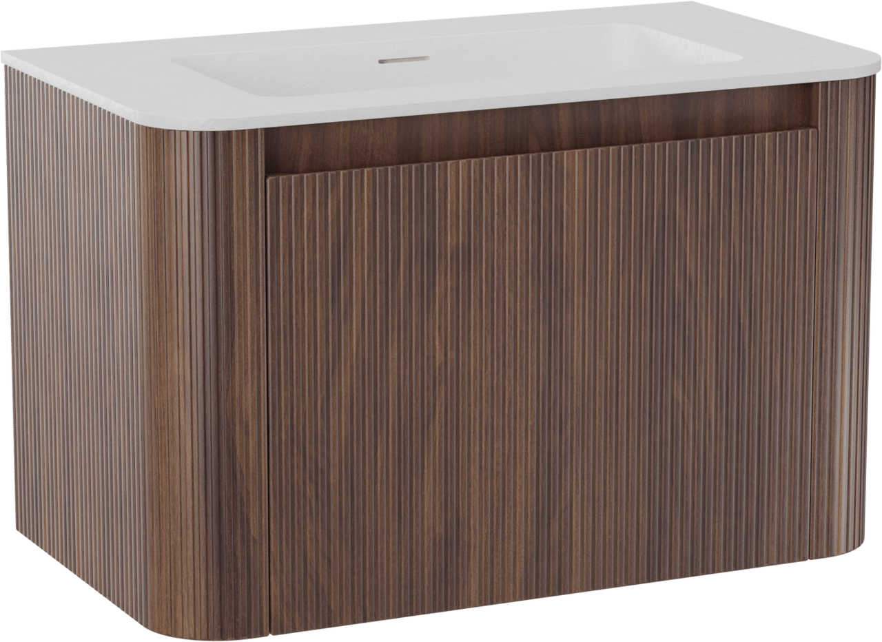 Storke Soft meuble salle de bains suspendu 80 x 46 cm noyer avec Mata Soft plan simple en Solid Surface blanc mat, Nervure droite symétrique verticale