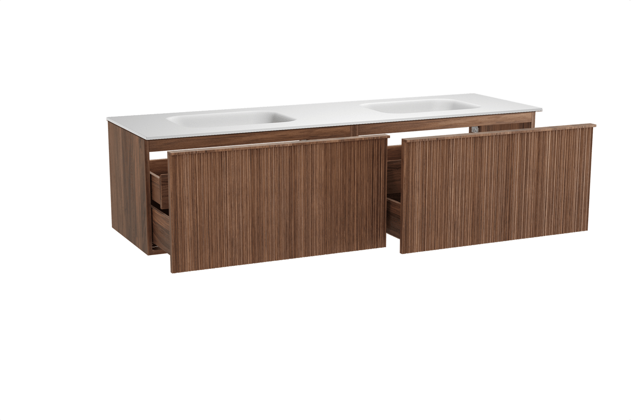 Balmani Forma zwevend badmeubel 180 x 55 cm amerikaans notenhout met Tablo Arcato dubbele wastafel in solid surface mat wit, Verticale asymmetrische ronde ribbel