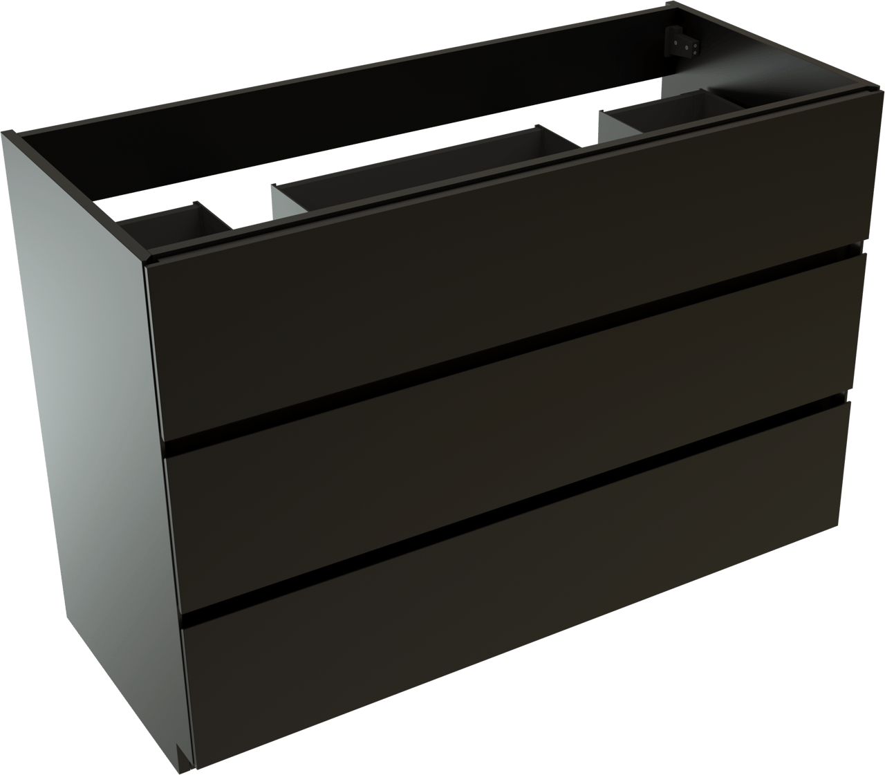 Storke Edge stehender Waschbeckenunterschrank: 120 x 52 cm, Schwarz Matt, 3 Schubladen, 2 Siphonaussparungen