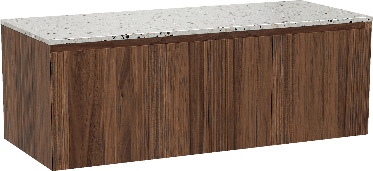 Balmani Idra zwevend badmeubel 135 x 55 cm notenhout met Stretto enkel of dubbel wastafelblad in mat wit/zwart terrazzo