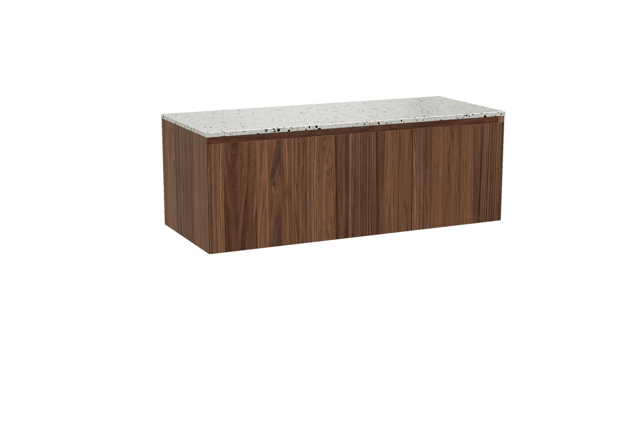 Balmani Idra hängendes Möbelstück Set: 135 x 55 cm, Nussbaum, mit Stretto Einzel- oder Doppel Waschtischplatte, Terrazzo in Weiß/Schwarz matt