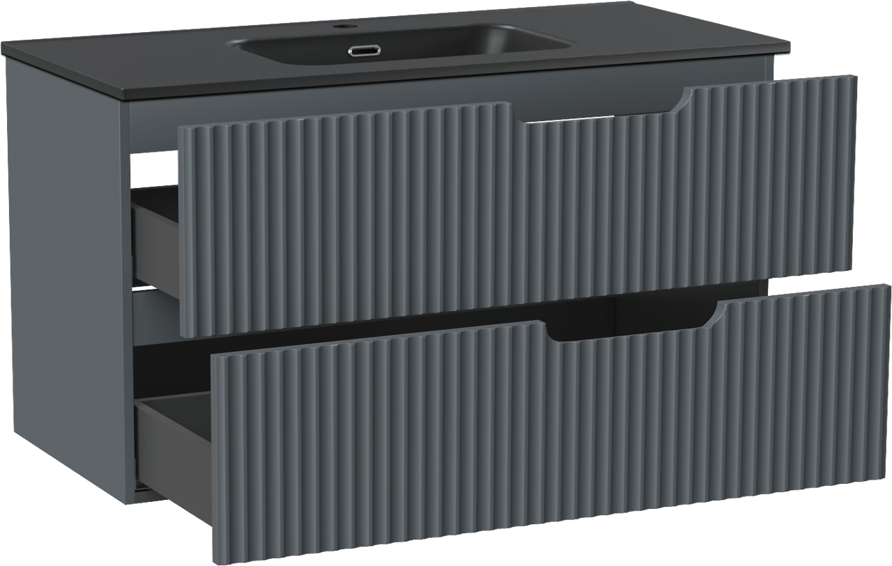 Linie Ribbo zwevend badmeubel 100 x 46 cm blauw antraciet met Baro enkele wastafel in porselein mat zwart, Verticale symmetrische ronde ribbel