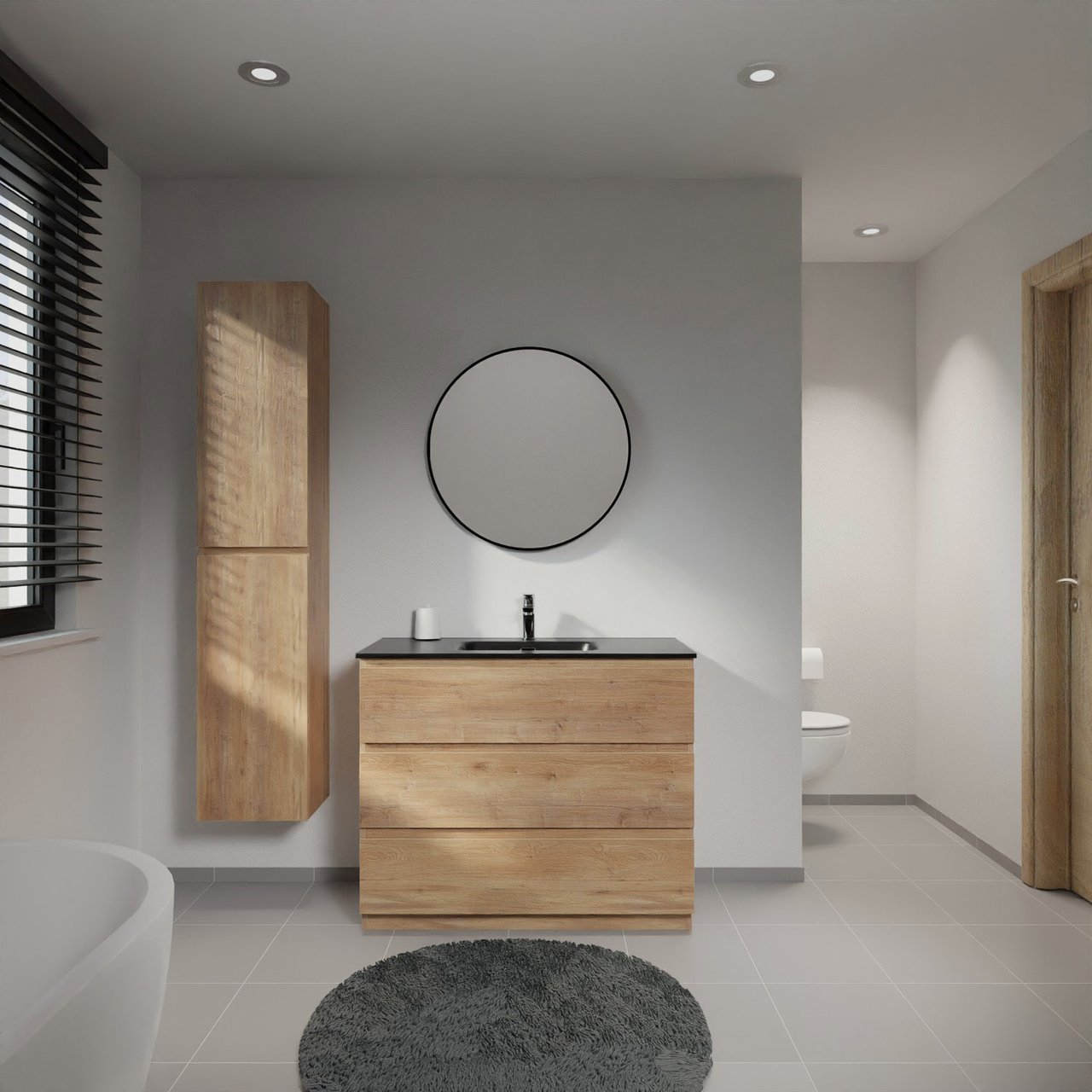 Linie Lado freistehendes Möbelstück Set: 100 x 46 cm, Naturbelassene Eiche, mit Baro Einzelwaschtisch, Porzellan Schwarz matt