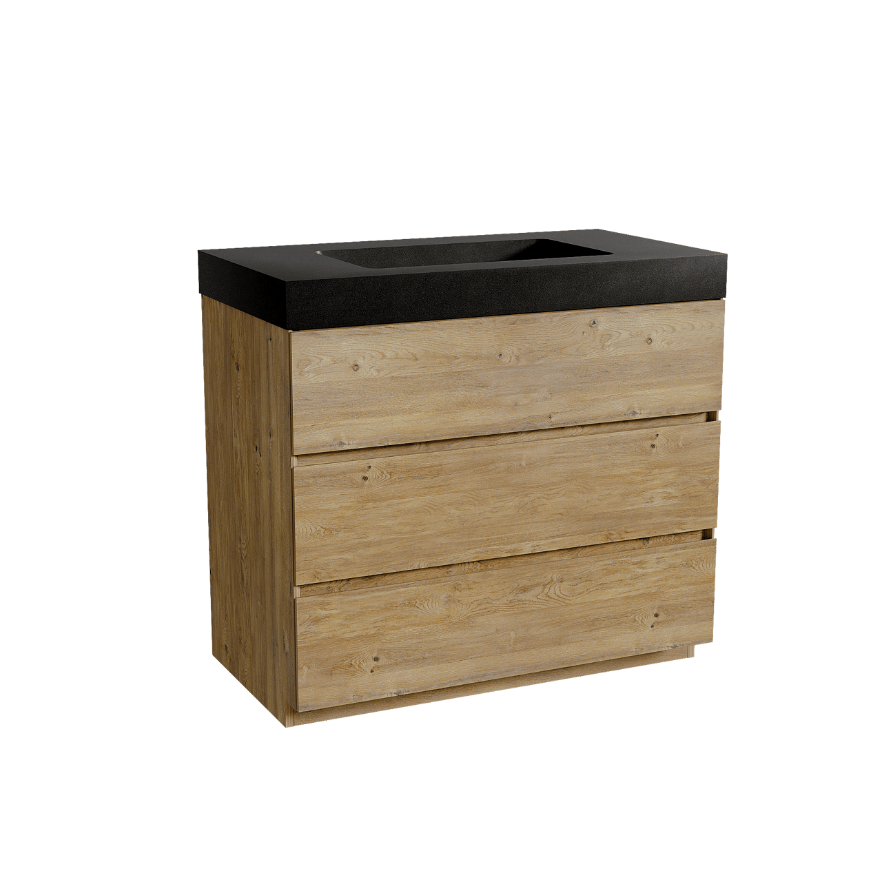 Storke Edge freistehendes Möbelstück Set: 95 x 52 cm, Rohe Eiche, mit Scuro High Einzelwaschtisch, Quarz Schwarz matt