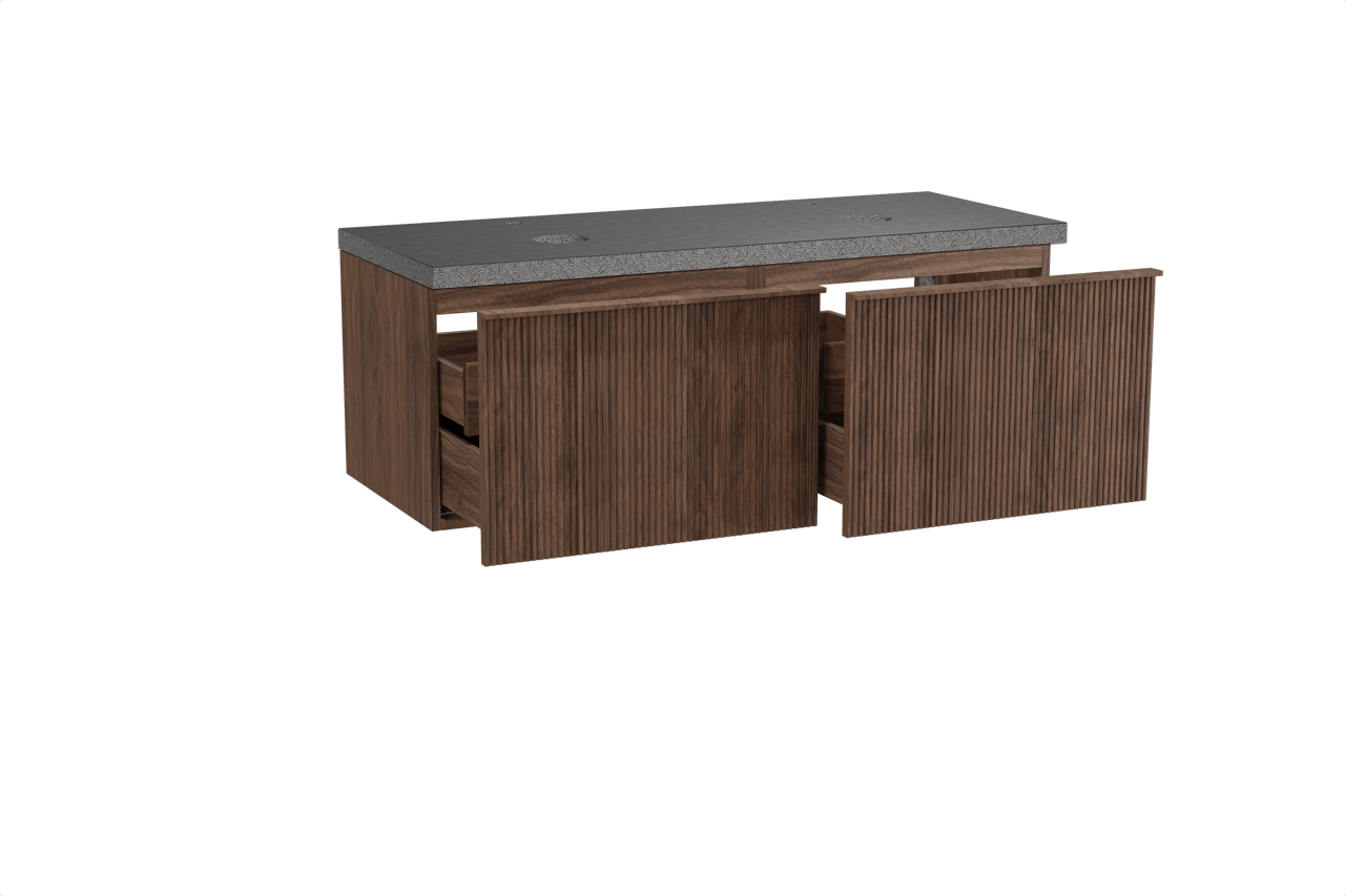 Balmani Forma zwevend badmeubel 135 x 55 cm amerikaans notenhout met Rock dubbel wastafelblad in zwart graniet, Verticale symmetrische rechte ribbel