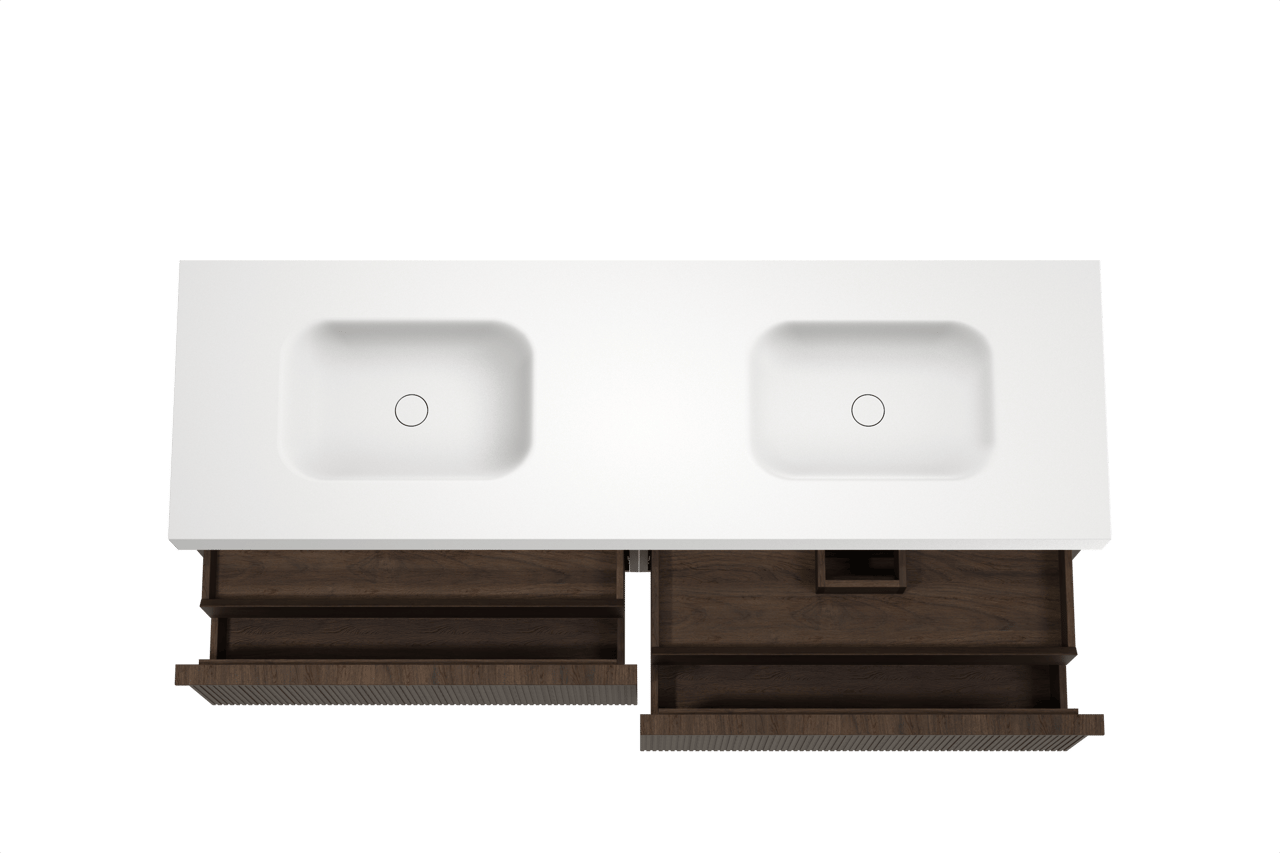 Balmani Forma zwevend badkamermeubel 180 x 55 cm gerookte eik met Arcato dubbele wastafel in solid surface mat wit, Verticale symmetrische rechte ribbel