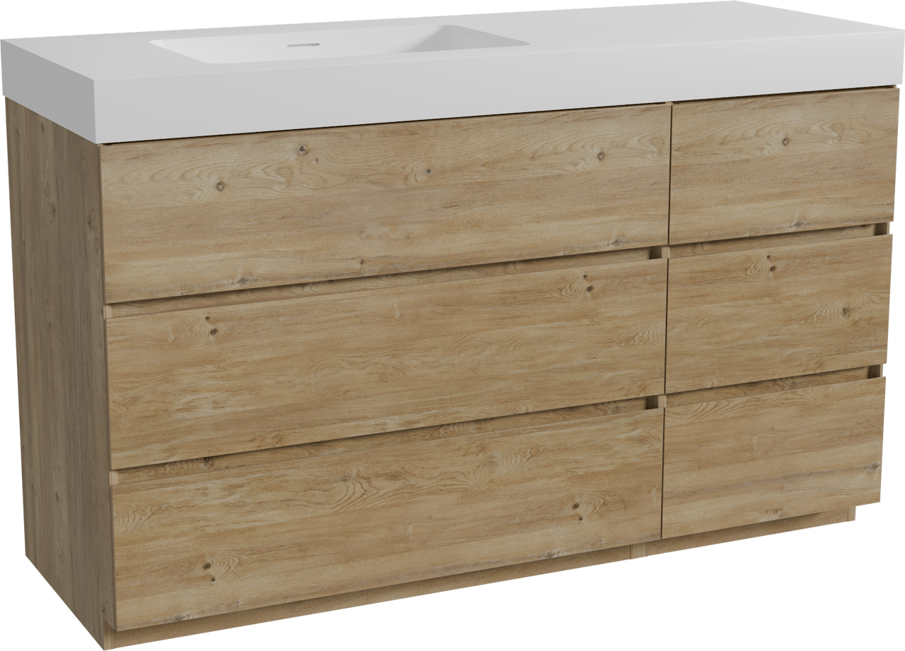 Storke Edge freistehendes Möbelstück Set: 140 x 52 cm, Rohe Eiche, mit Mata High Waschtisch links, Solid Surface Weiß matt