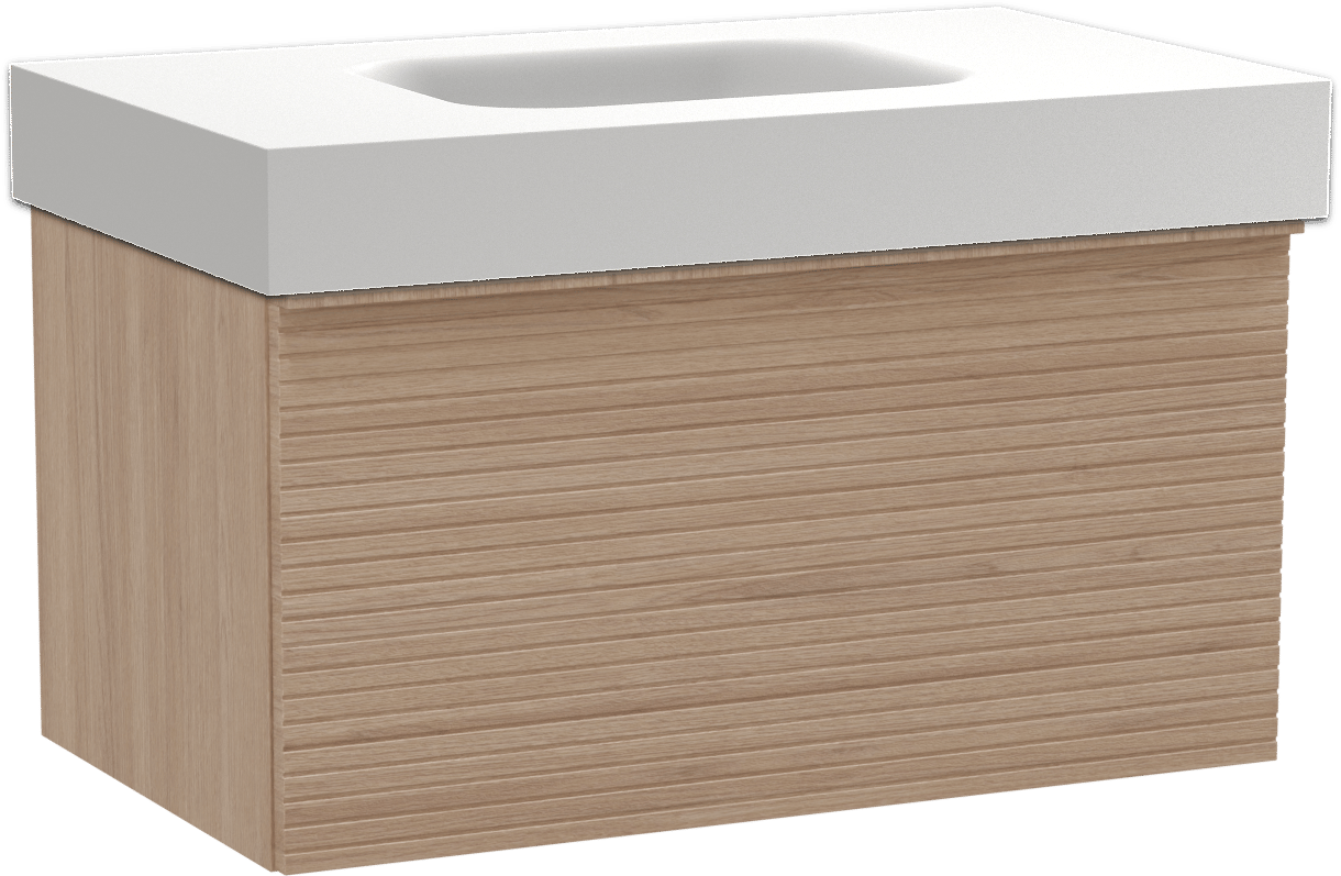 Balmani Forma zwevend badkamermeubel 90 x 55 cm natuur eik met Arcato enkele wastafel in solid surface mat wit, Horizontale symmetrische rechte ribbel