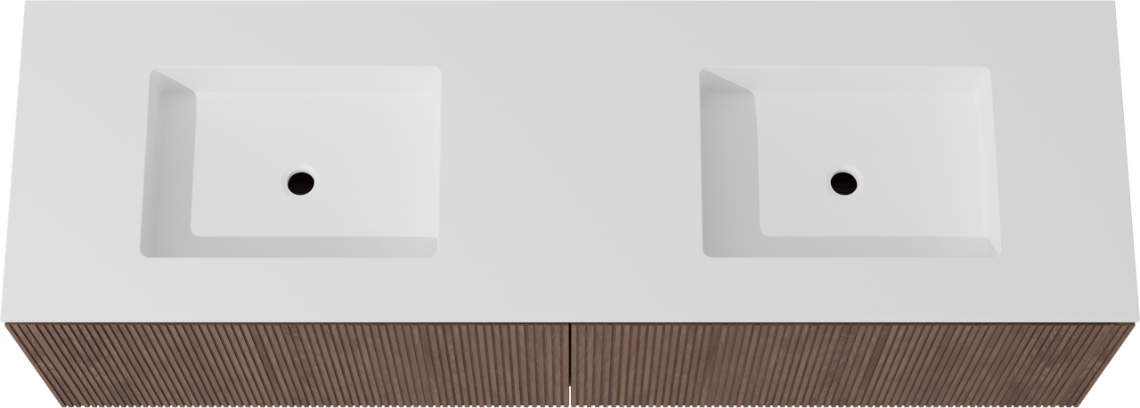 Balmani Eclips meuble salle de bains suspendu 180 x 55 cm Noyer américain avec Tablo Stretto double vasque en Solid Surface blanc mat, Nervure droite symétrique verticale